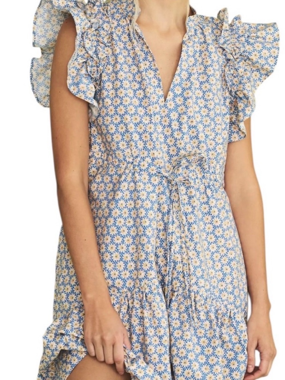 Anthropologie Blue and Cream Daisy Print Ruffled Sundress